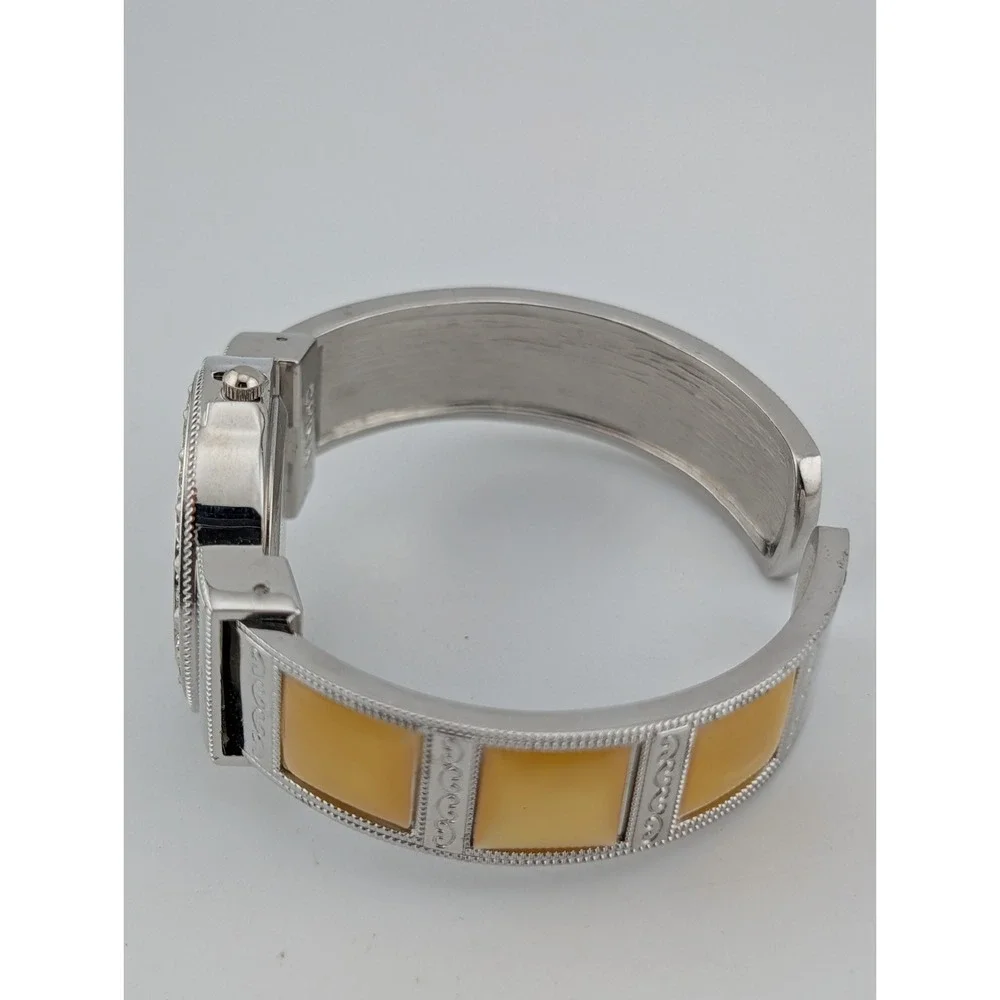 Studio Time Watch Women 33mm Silver Tone Yellow MOP Inlay Cuff Bling New Battery